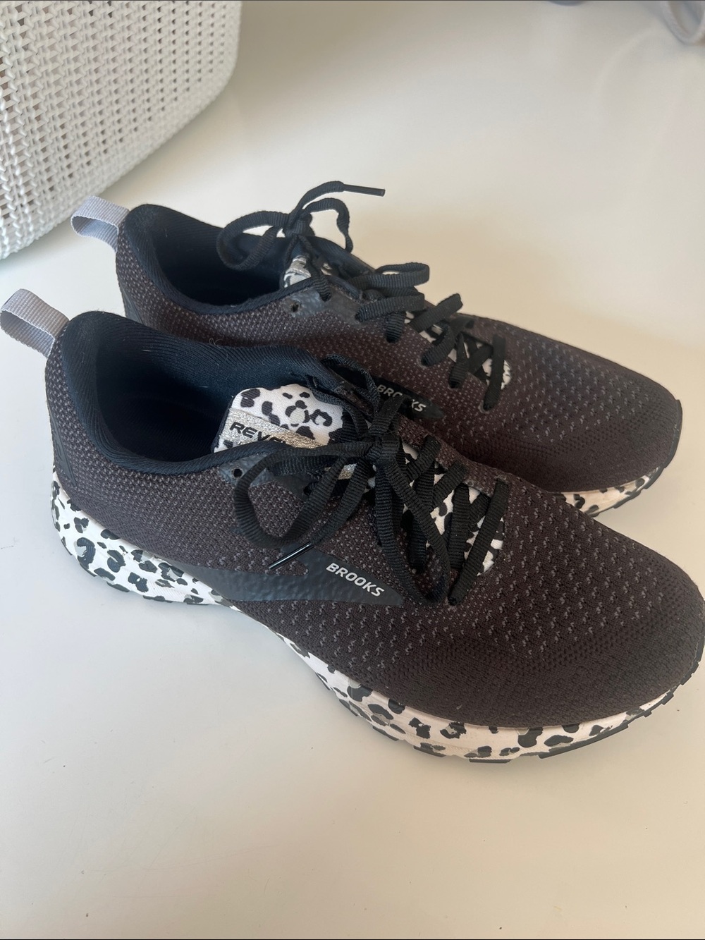 Brooks Black Knit Running Shoes with White Leopard-Print Sole